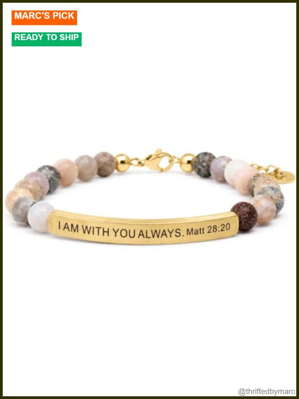 Faith Bracelet Natural Bamboo Agate Stretch Fit Engraved Stainless Steel Bar